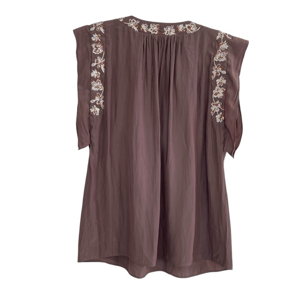 Ramy Brook Short Ruffle Sleeves Tie Neck Floral Embroidery Brown Blouse - Picture 7 of 9